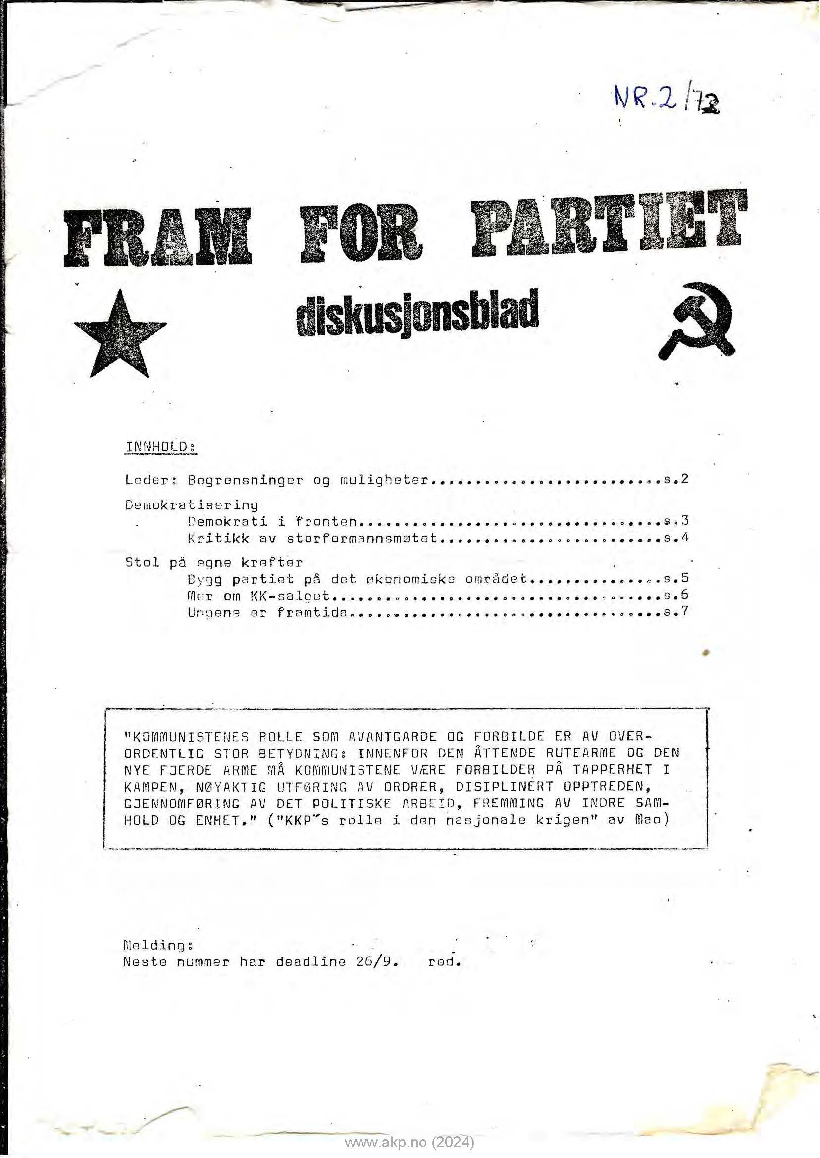 Forside FFP nr. 2, 1972